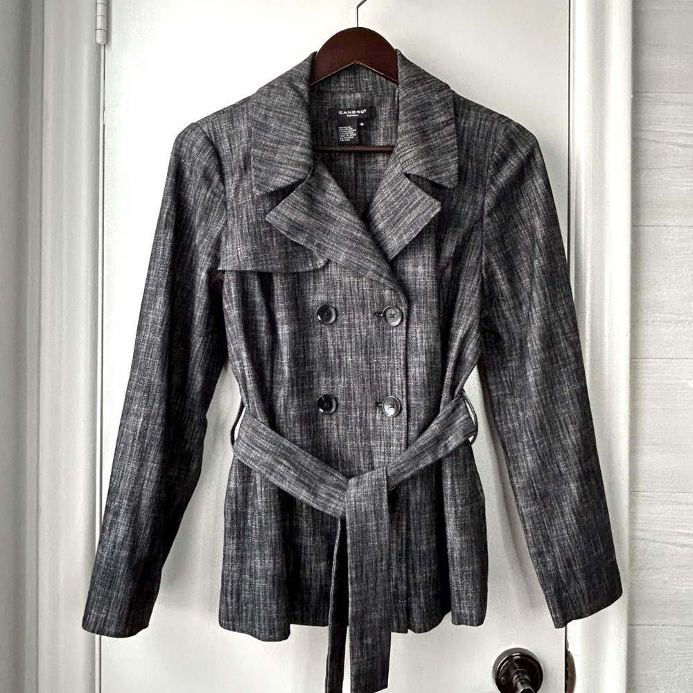SANDRO Stretch Cotton Double-Breasted Belted Jacket